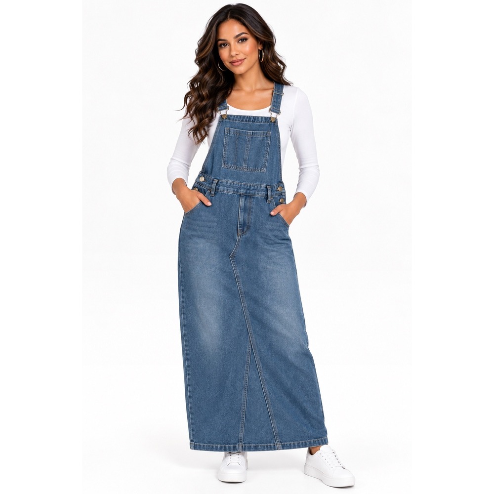 Forever 21 Premium Denim Overall Maxi Dress Medium Wash Blue Womens Size M